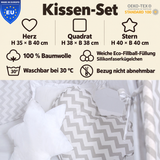 Wendekuschelkissen 3er-Set – Herz, Stern & Quadrat aus 100 % Baumwolle