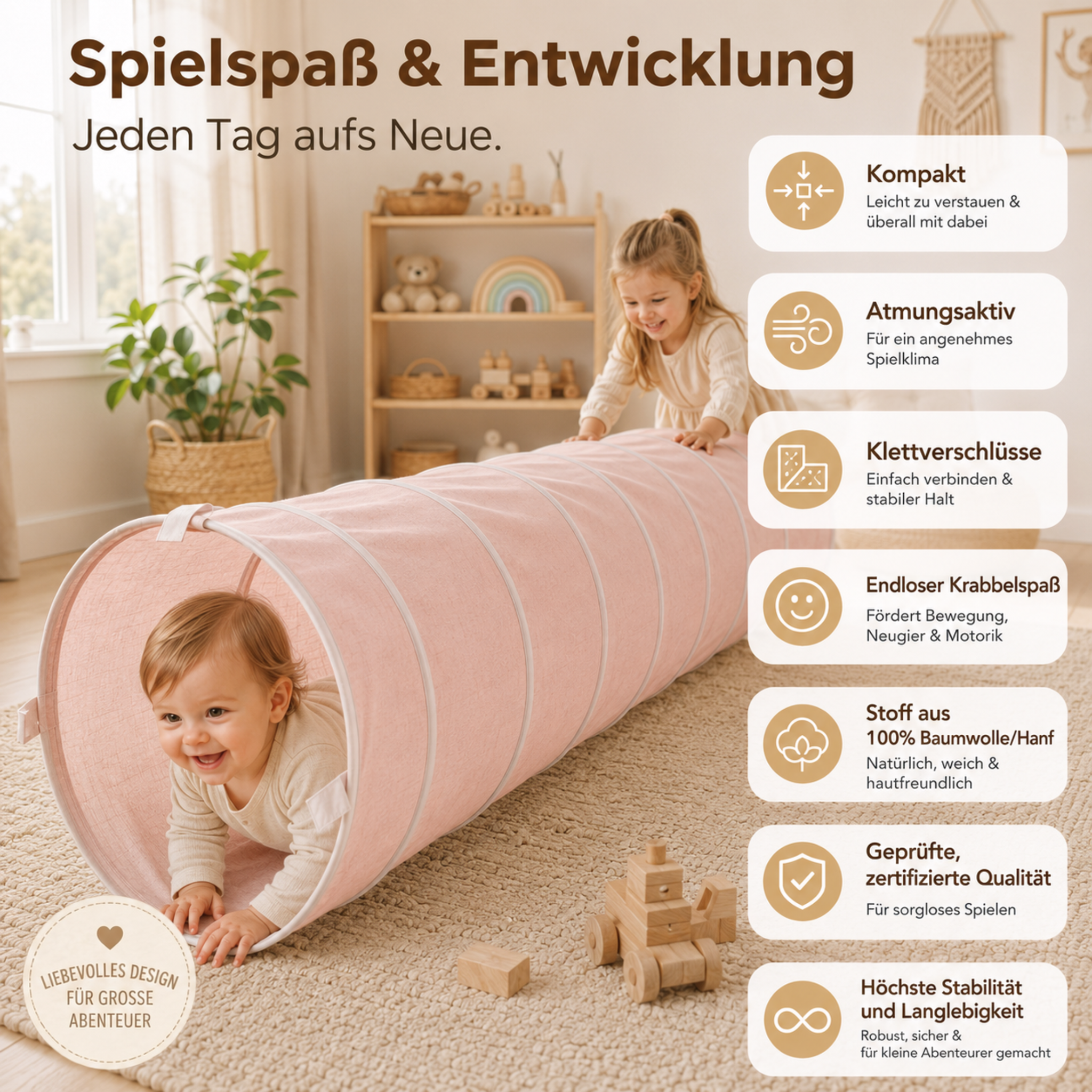 Spieltunnel aus Baumwolle/Hanf, passend zu den Spielzelten, 180x46cm