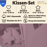 einfärbige Kuschelkissen 3er-Set – Herz, Stern & Quadrat aus 100 % Baumwolle