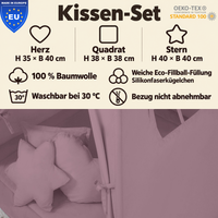 einfärbige Kuschelkissen 3er-Set – Herz, Stern & Quadrat aus 100 % Baumwolle