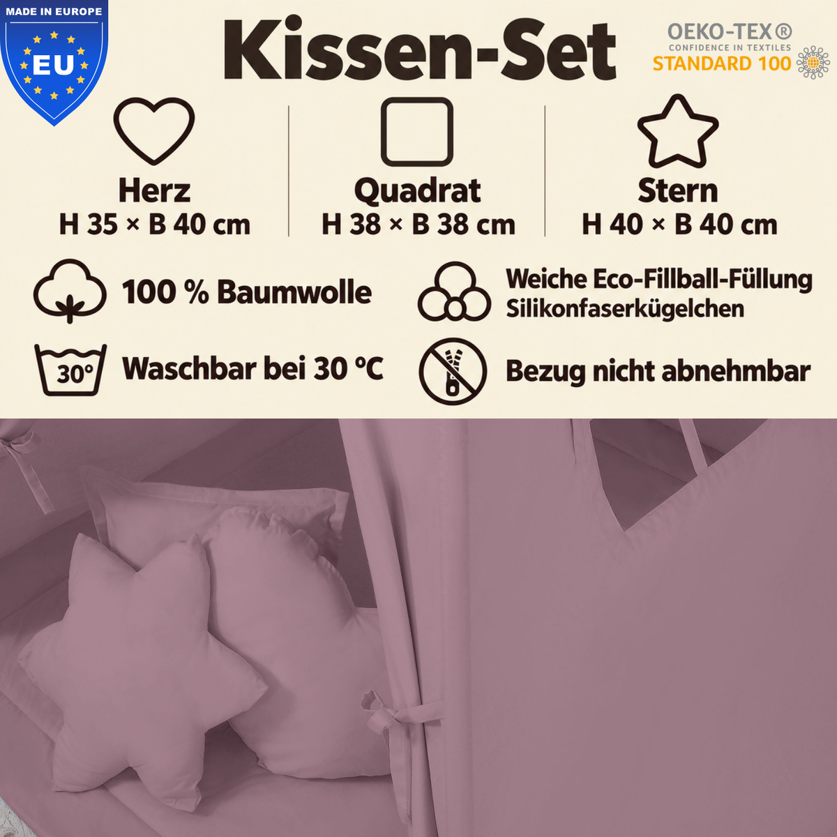 einfärbige Kuschelkissen 3er-Set – Herz, Stern & Quadrat aus 100 % Baumwolle