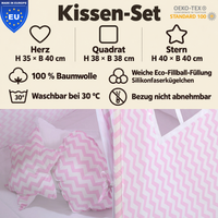 Wendekuschelkissen 3er-Set – Herz, Stern & Quadrat aus 100 % Baumwolle