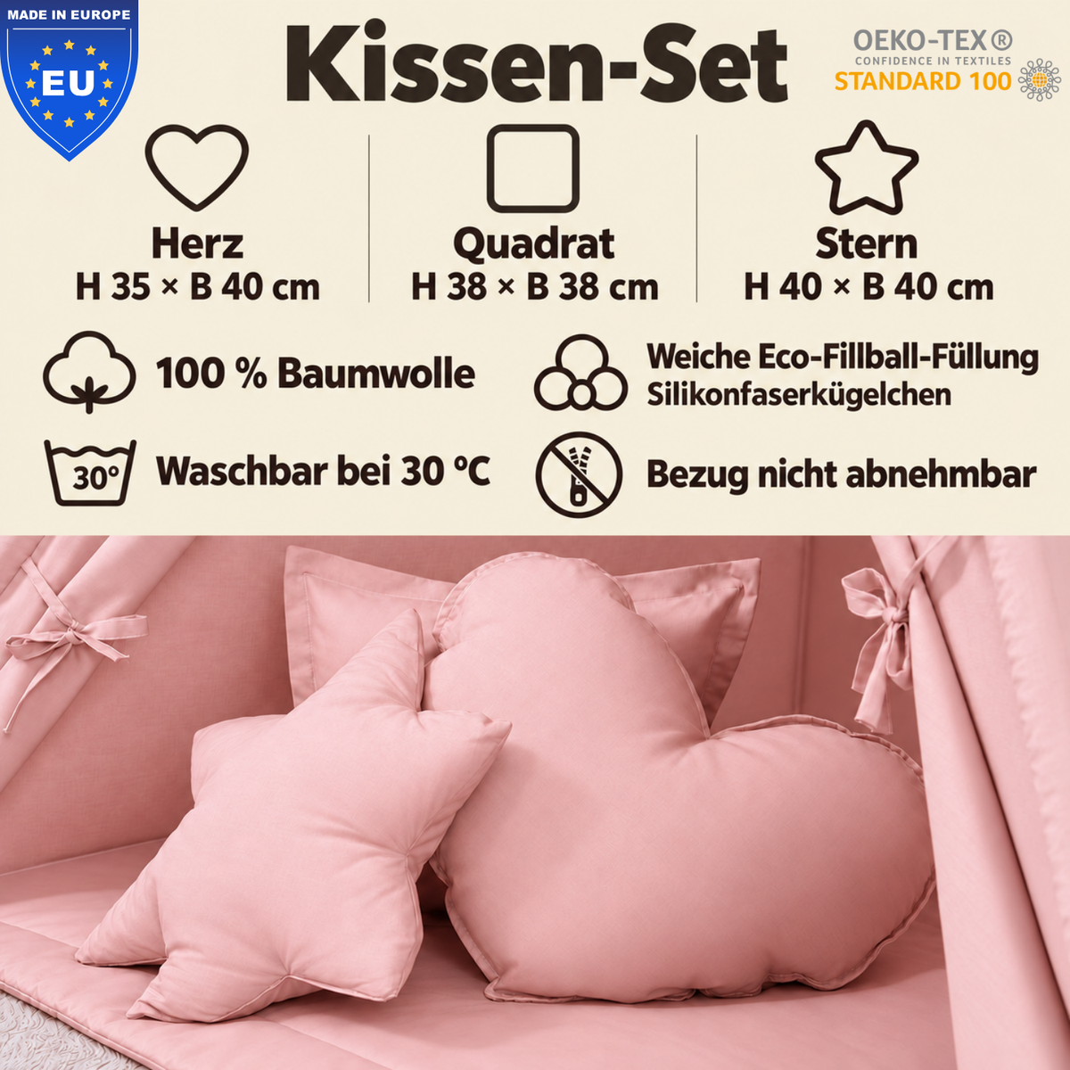 einfärbige Kuschelkissen 3er-Set – Herz, Stern & Quadrat aus 100 % Baumwolle