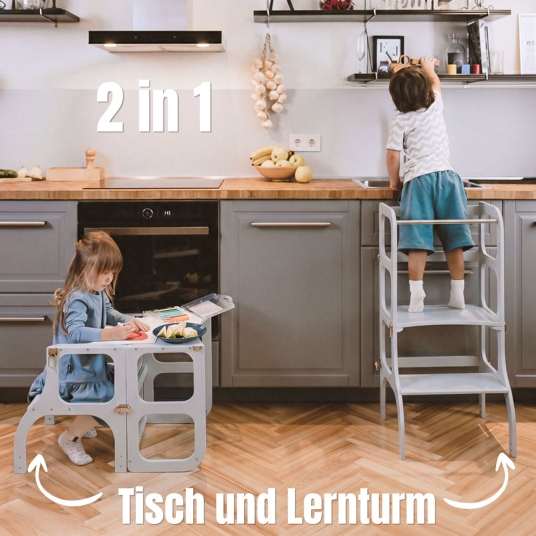 STEP’n’SIT® – Montessori Lernturm & Tisch 2-in-1 aus Holz