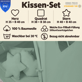 einfärbige Kuschelkissen 3er-Set – Herz, Stern & Quadrat aus 100 % Baumwolle