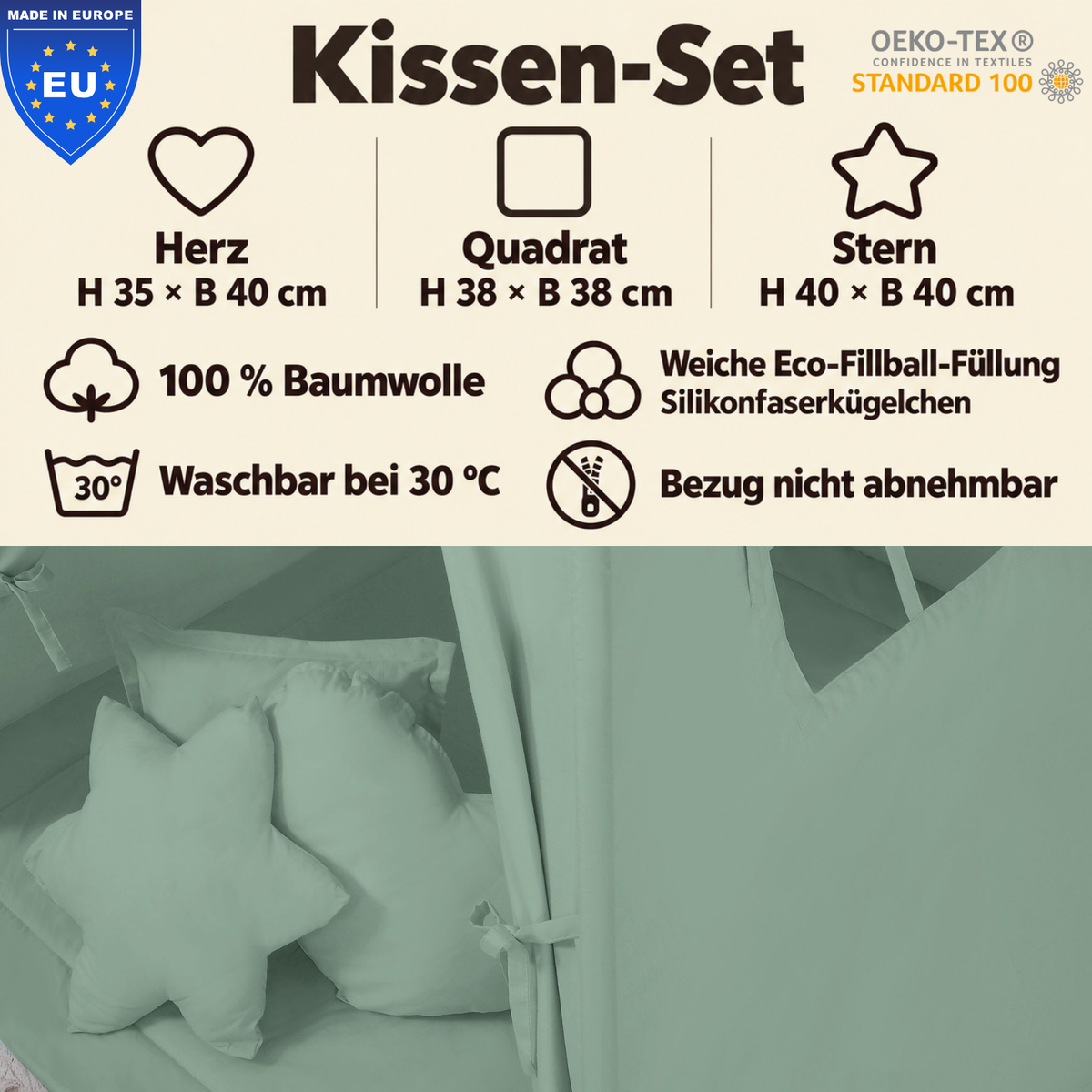 einfärbige Kuschelkissen 3er-Set – Herz, Stern & Quadrat aus 100 % Baumwolle