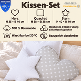 Wendekuschelkissen 3er-Set – Herz, Stern & Quadrat aus 100 % Baumwolle
