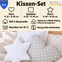 Wendekuschelkissen 3er-Set – Herz, Stern & Quadrat aus 100 % Baumwolle