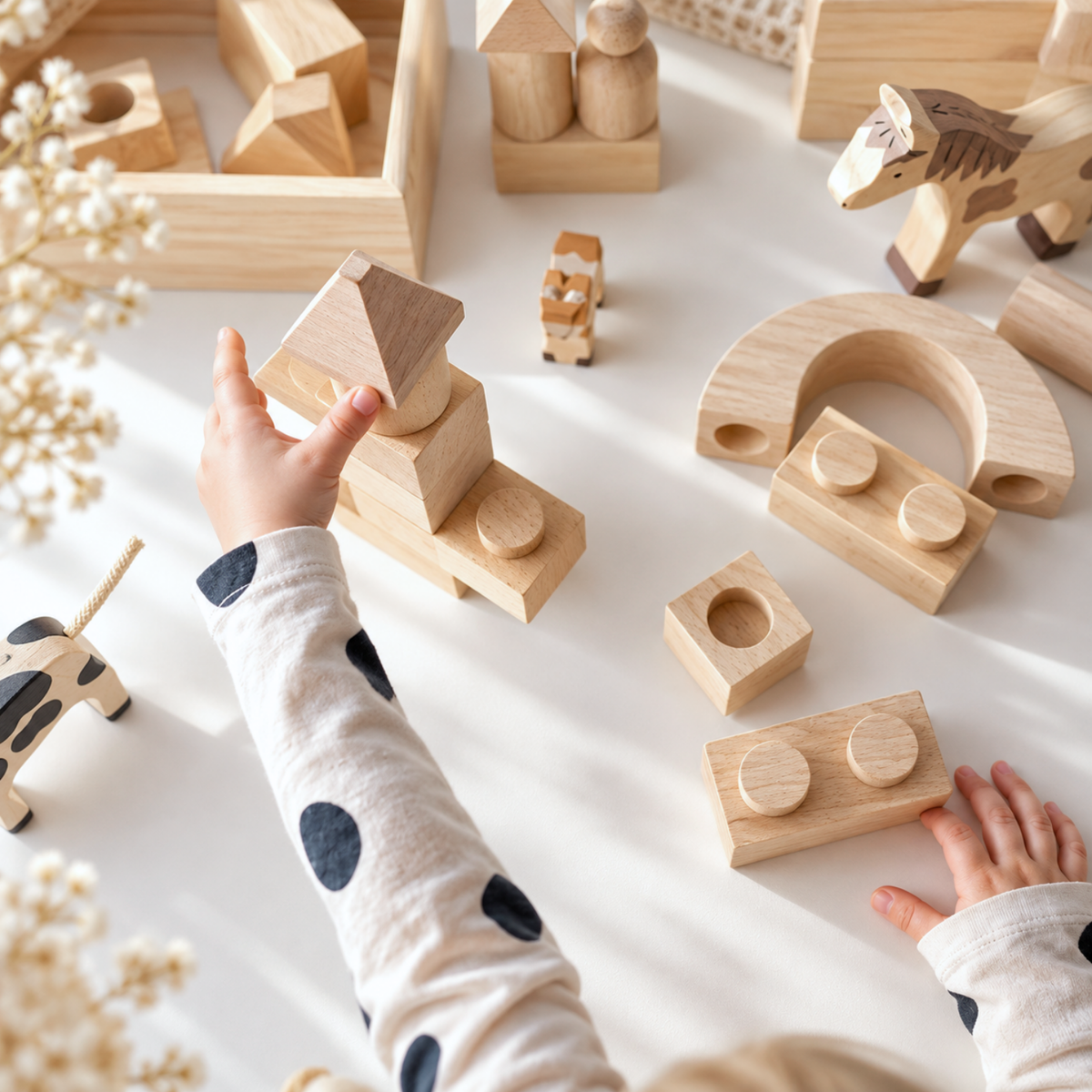 Montessori Holzbausteine aus Massivholz mit Aufbewahrungsbox