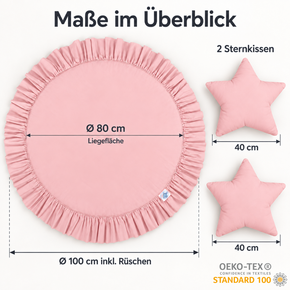 Runde Spielmatte mit Rüschen & 2 Sternenkissen – 100 % Baumwolle