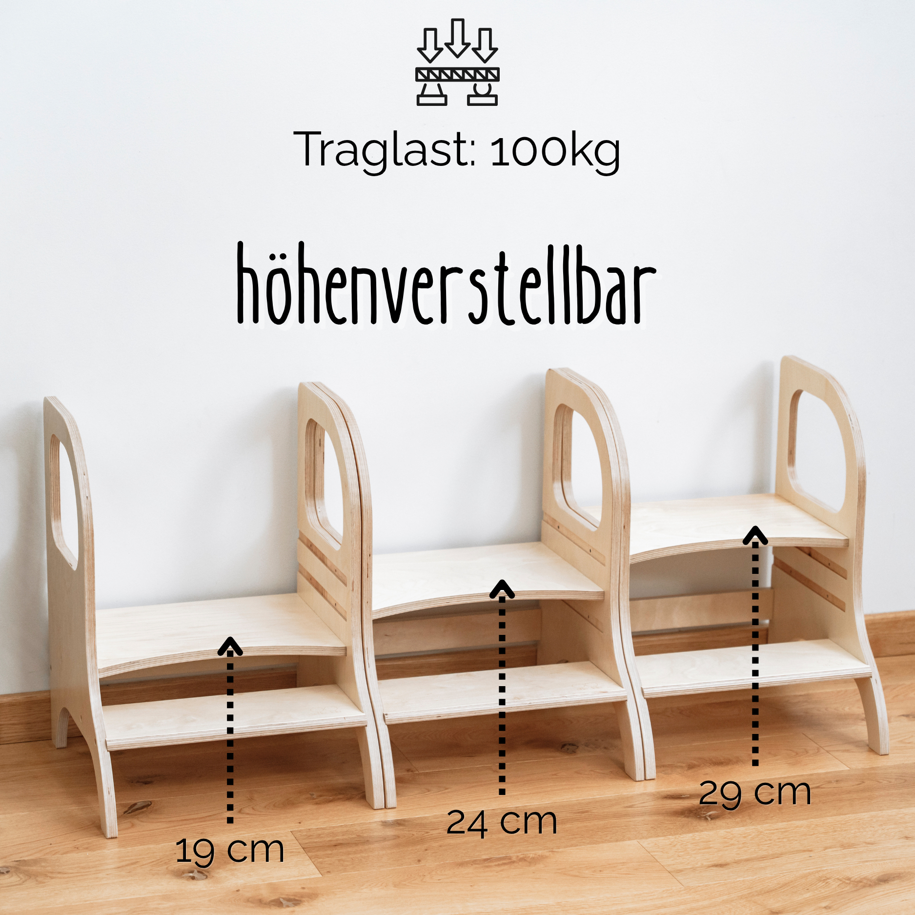 MIIMO® – Höhenverstellbarer Montessori Tritthocker aus Holz