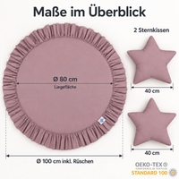Runde Spielmatte mit Rüschen & 2 Sternenkissen – 100 % Baumwolle