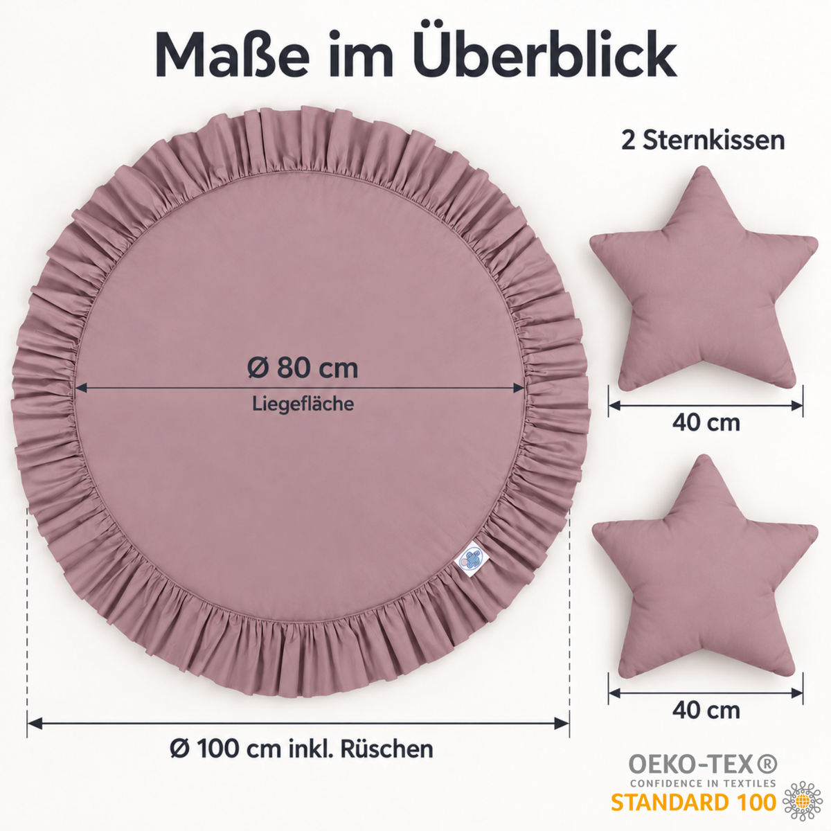 Runde Spielmatte mit Rüschen & 2 Sternenkissen – 100 % Baumwolle