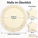 Runde Spielmatte mit Rüschen & 2 Sternenkissen – 100 % Baumwolle