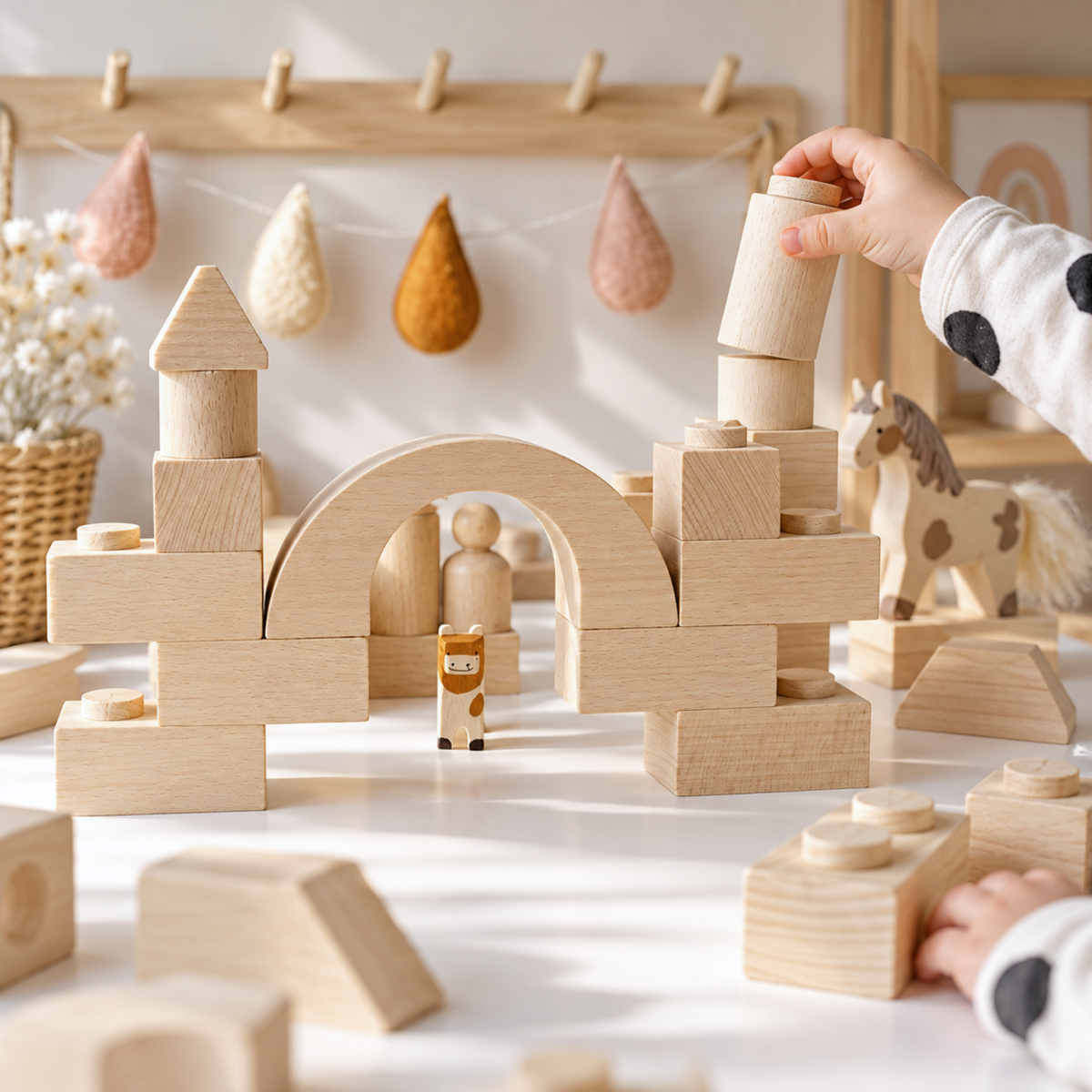 Montessori Holzbausteine aus Massivholz mit Aufbewahrungsbox