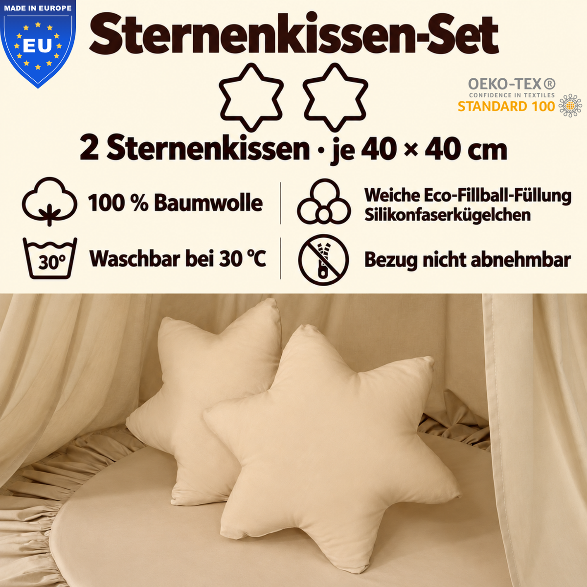2er-Set Sternenkissen 40cm – 100% Baumwolle
