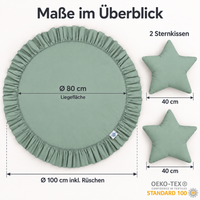 Runde Spielmatte mit Rüschen & 2 Sternenkissen – 100 % Baumwolle