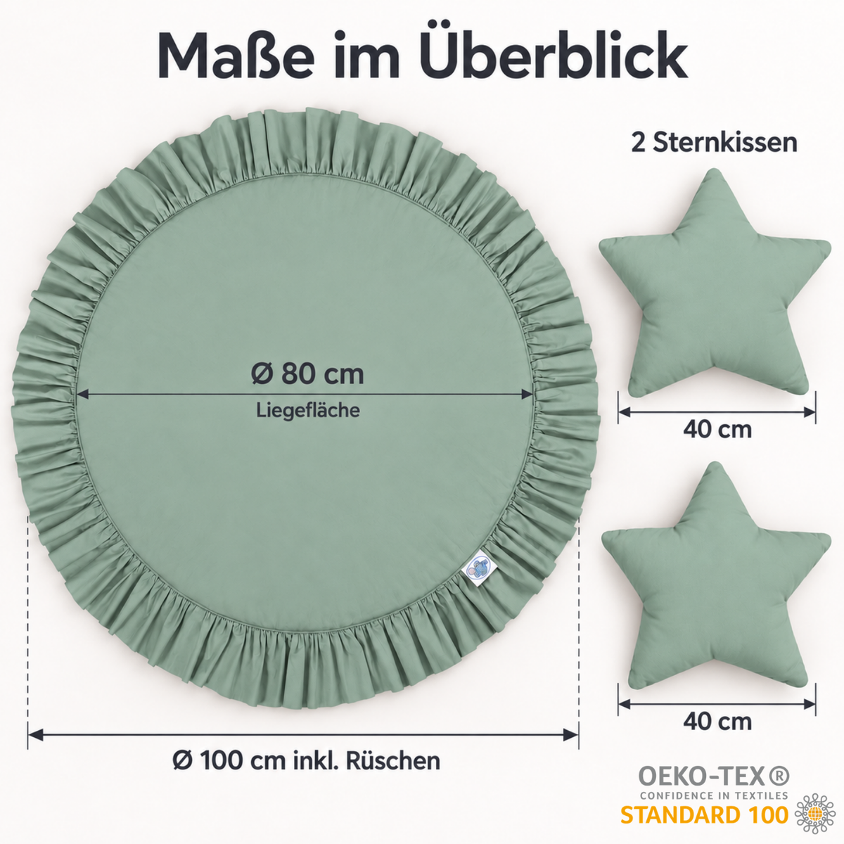 Runde Spielmatte mit Rüschen & 2 Sternenkissen – 100 % Baumwolle
