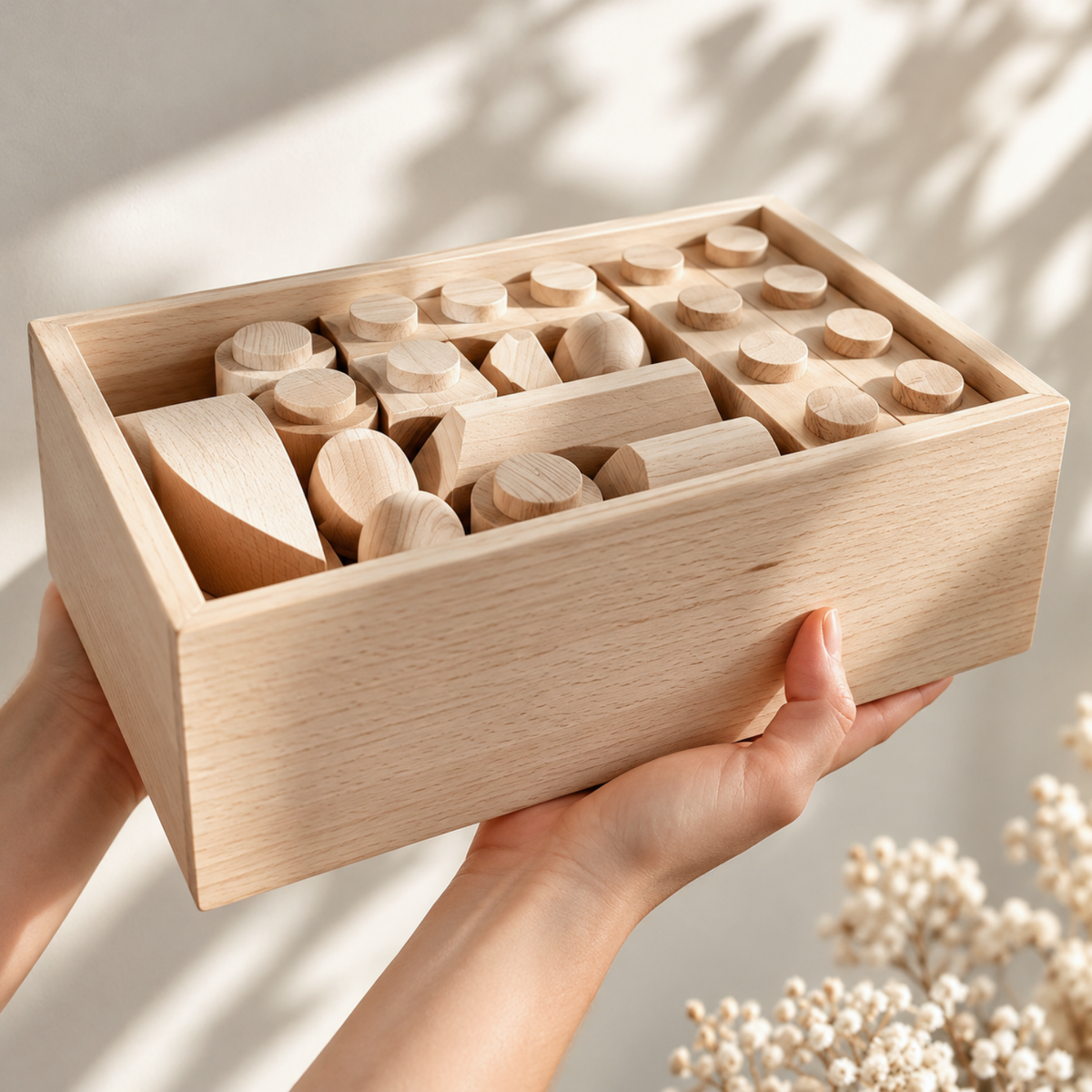 Montessori Holzbausteine aus Massivholz mit Aufbewahrungsbox