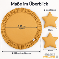 Runde Spielmatte mit Rüschen & 2 Sternenkissen – 100 % Baumwolle