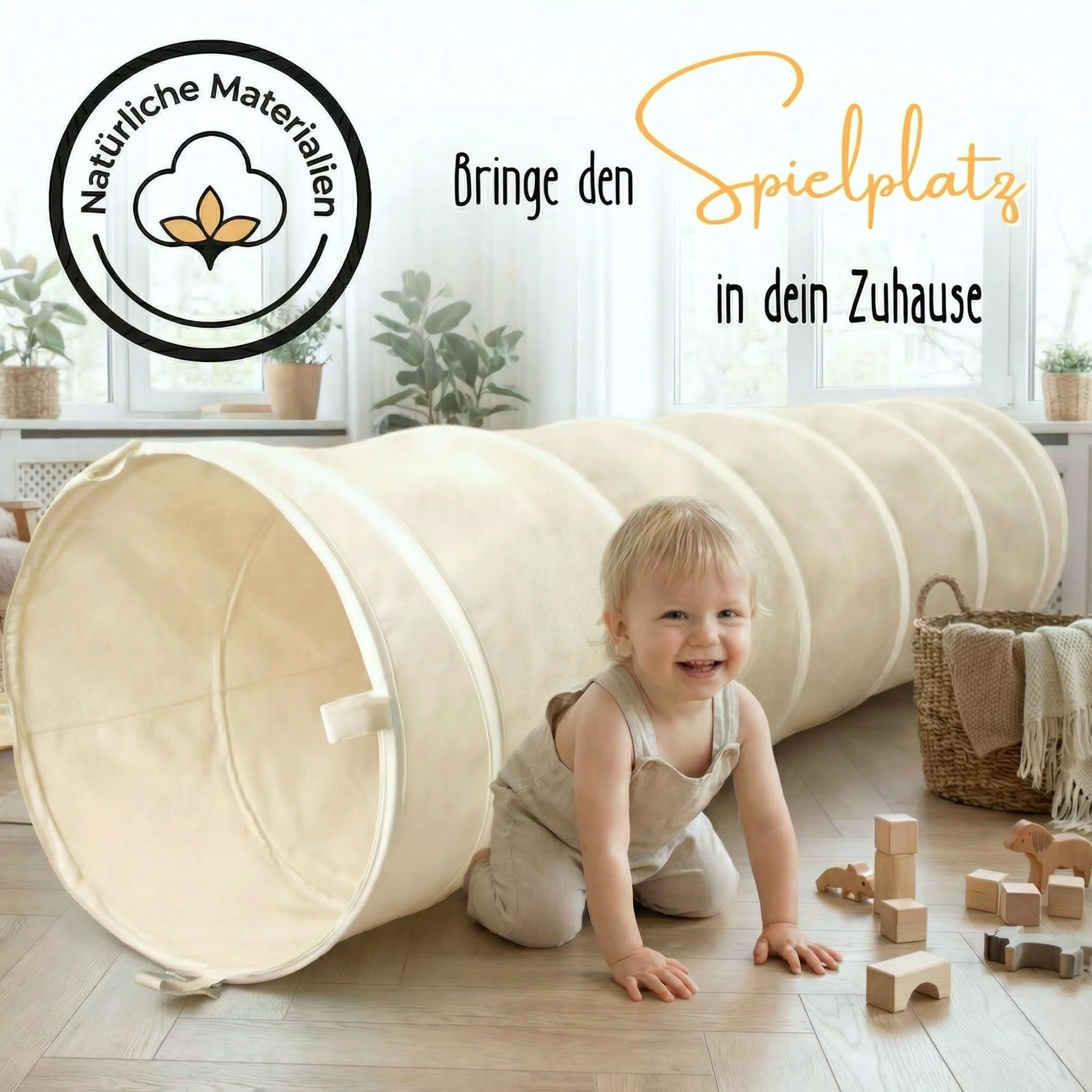 Spieltunnel aus Baumwolle/Hanf, passend zum runden Spielzelt, 180x46cm