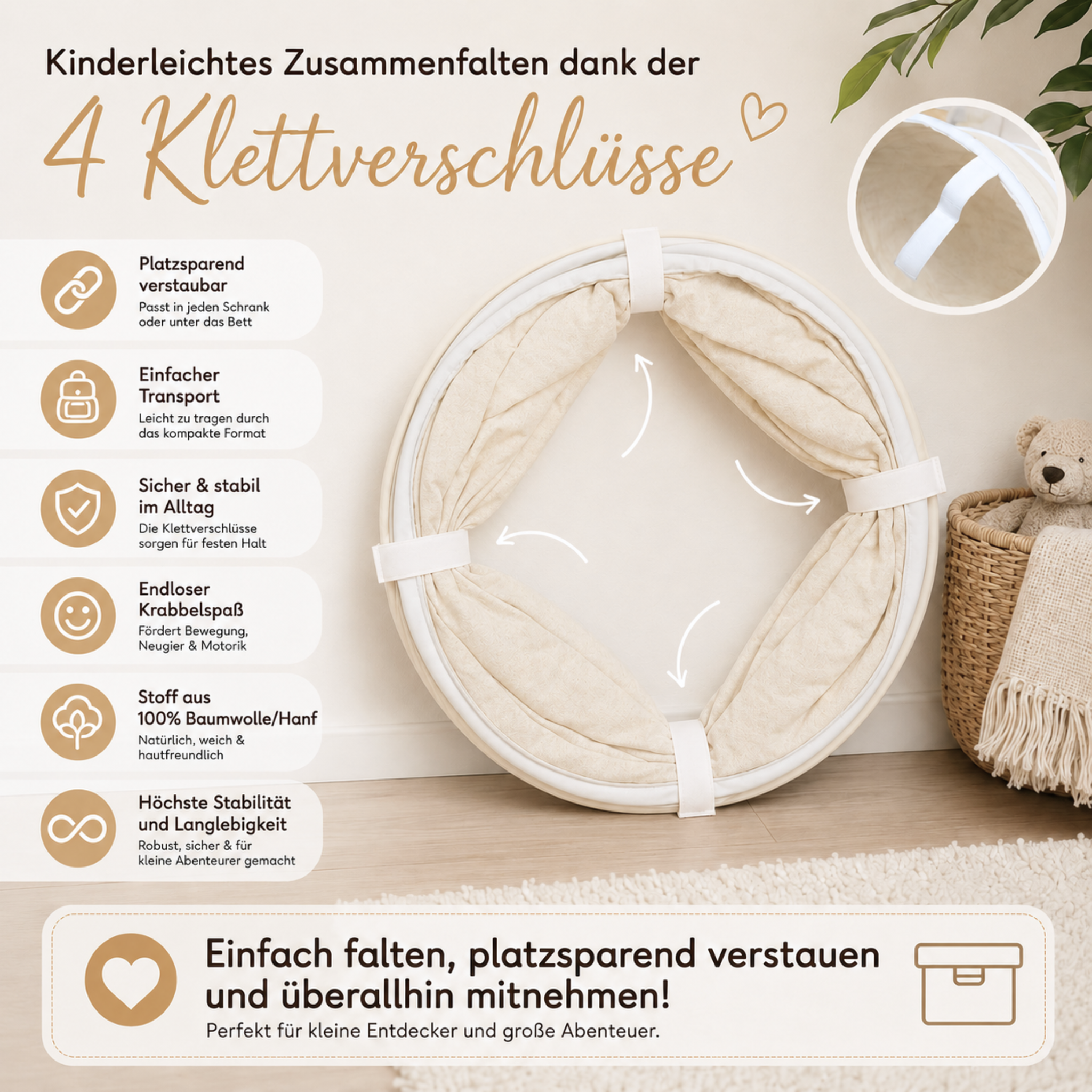 Spieltunnel aus Baumwolle/Hanf, passend zu den Spielzelten, 180x46cm