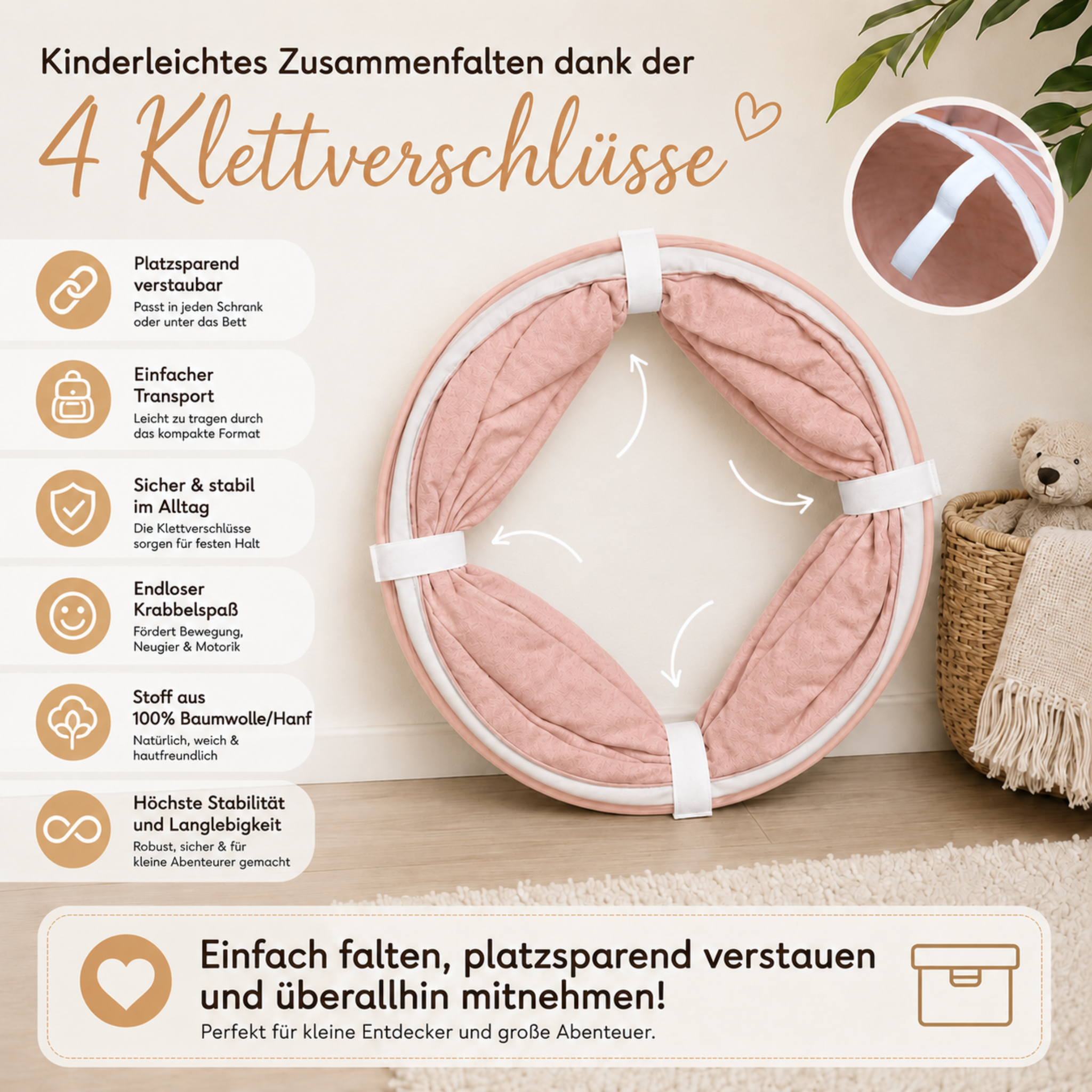 Spieltunnel aus Baumwolle/Hanf, passend zu den Spielzelten, 180x46cm
