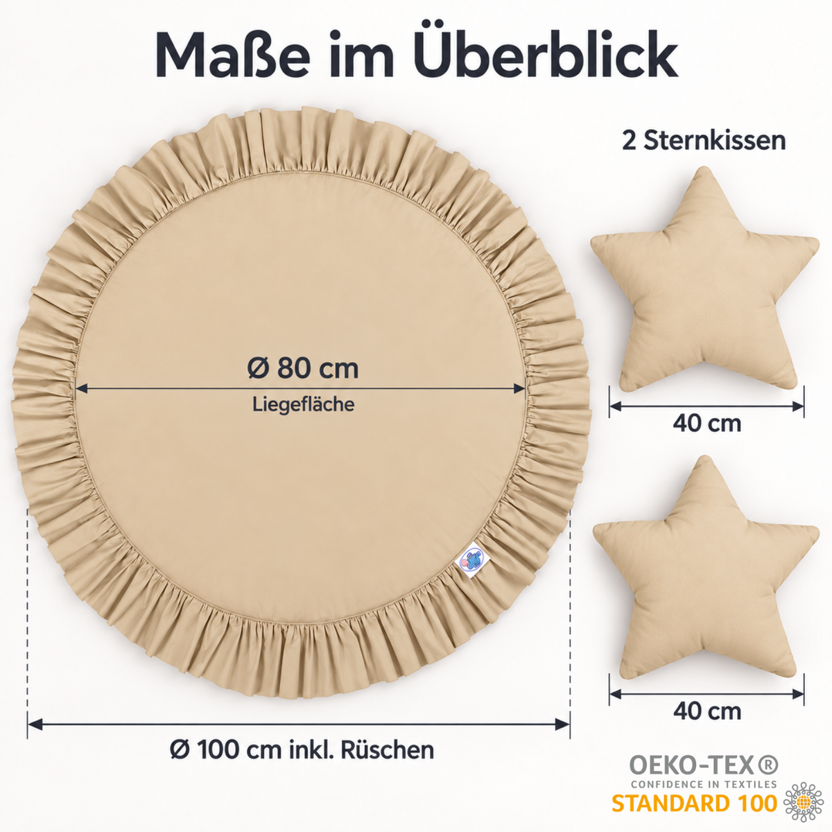 Runde Spielmatte mit Rüschen & 2 Sternenkissen – 100 % Baumwolle