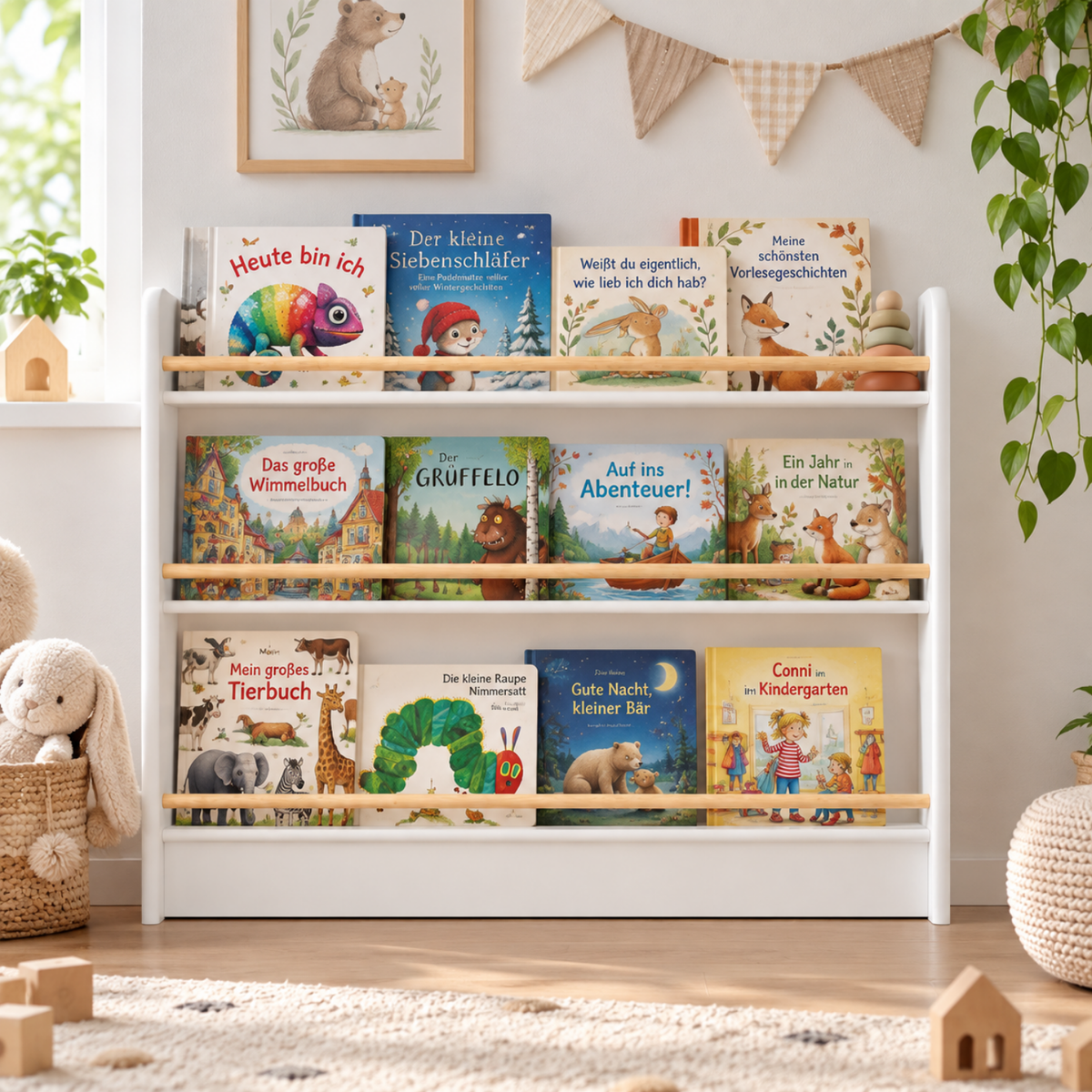 Breites Montessori Bücherregal – aus massivem Kiefernholz 120×92×12 cm