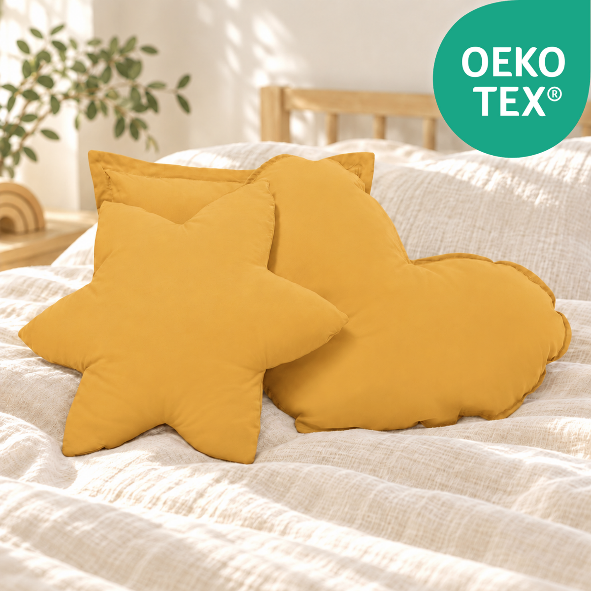 einfärbige Kuschelkissen 3er-Set – Herz, Stern & Quadrat aus 100 % Baumwolle