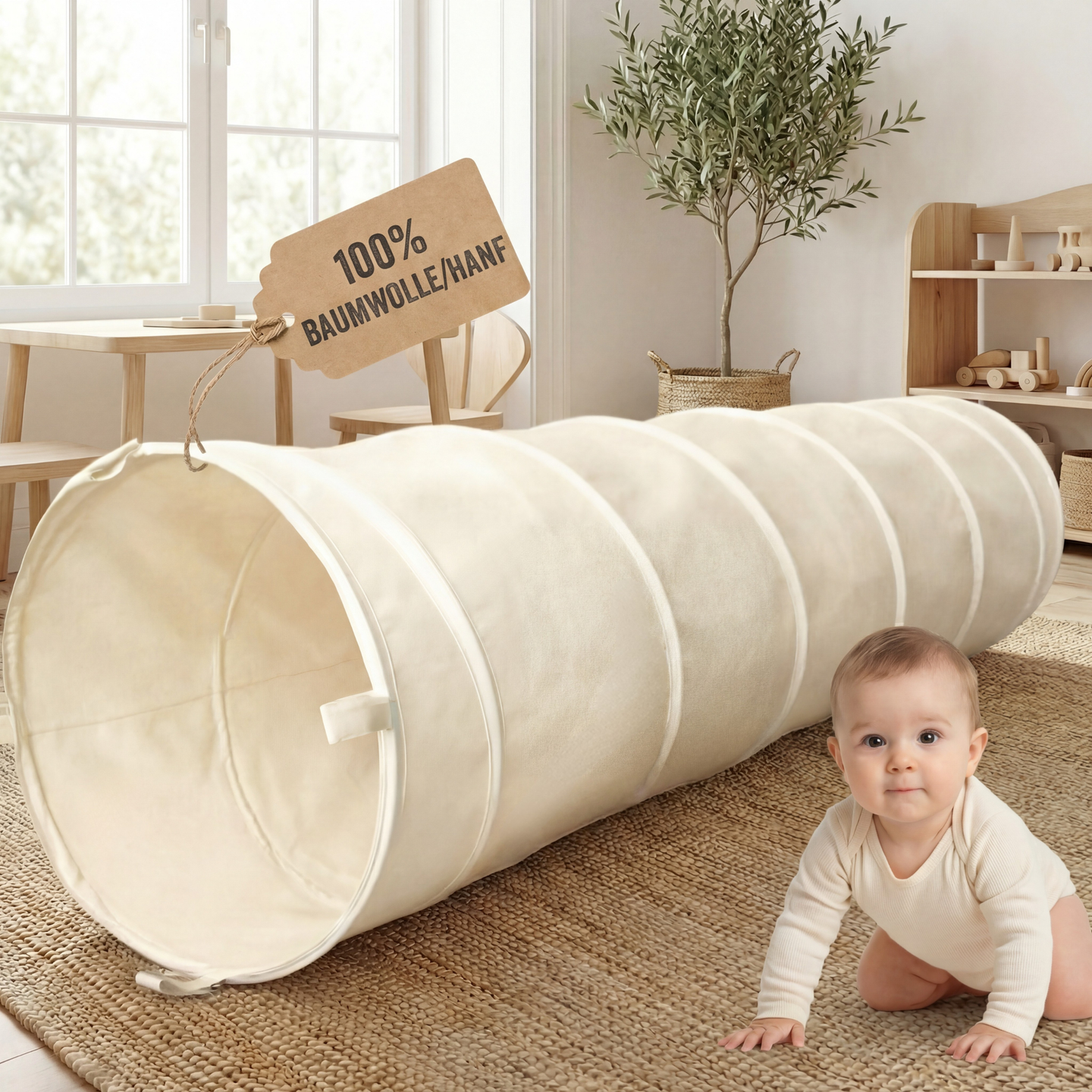 Spieltunnel aus Baumwolle/Hanf, passend zum runden Spielzelt, 180x46cm