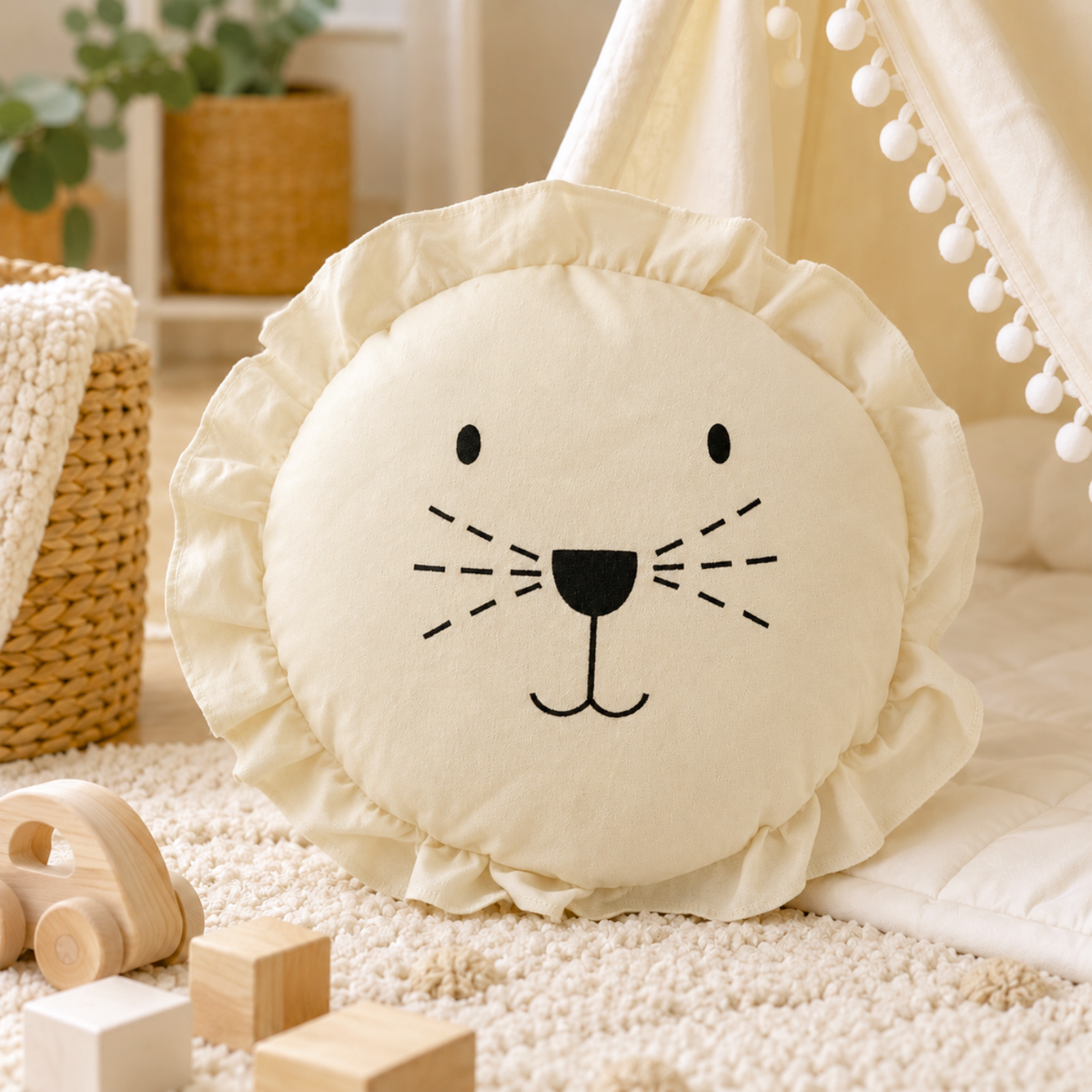 Löwenkissen – Rundes Baumwollkissen mit Löwen-Stickerei | 35 cm
