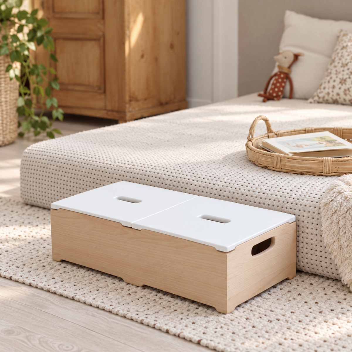 Aufbewahrungsbox & Sitzbank aus Massivholz – stapelbar mit 2 Deckeln