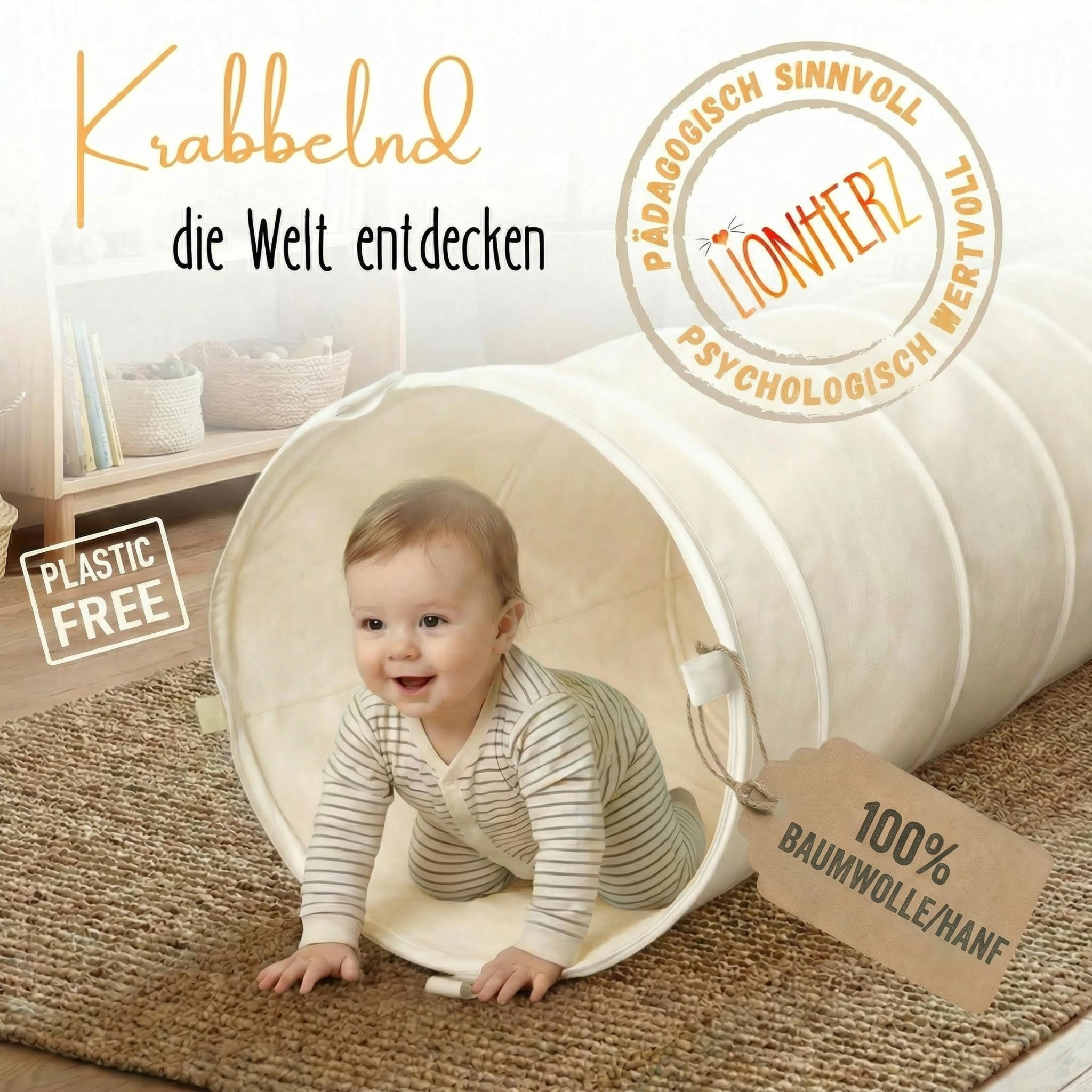 Spieltunnel aus Baumwolle/Hanf, passend zum runden Spielzelt, 180x46cm