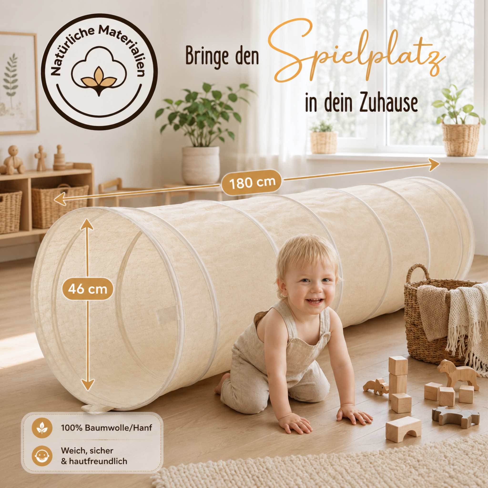 Spieltunnel aus Baumwolle/Hanf, passend zu den Spielzelten, 180x46cm