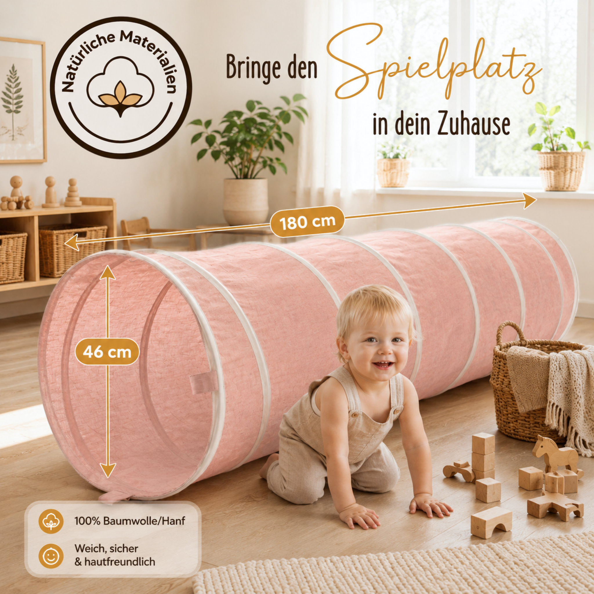 Spieltunnel aus Baumwolle/Hanf, passend zu den Spielzelten, 180x46cm