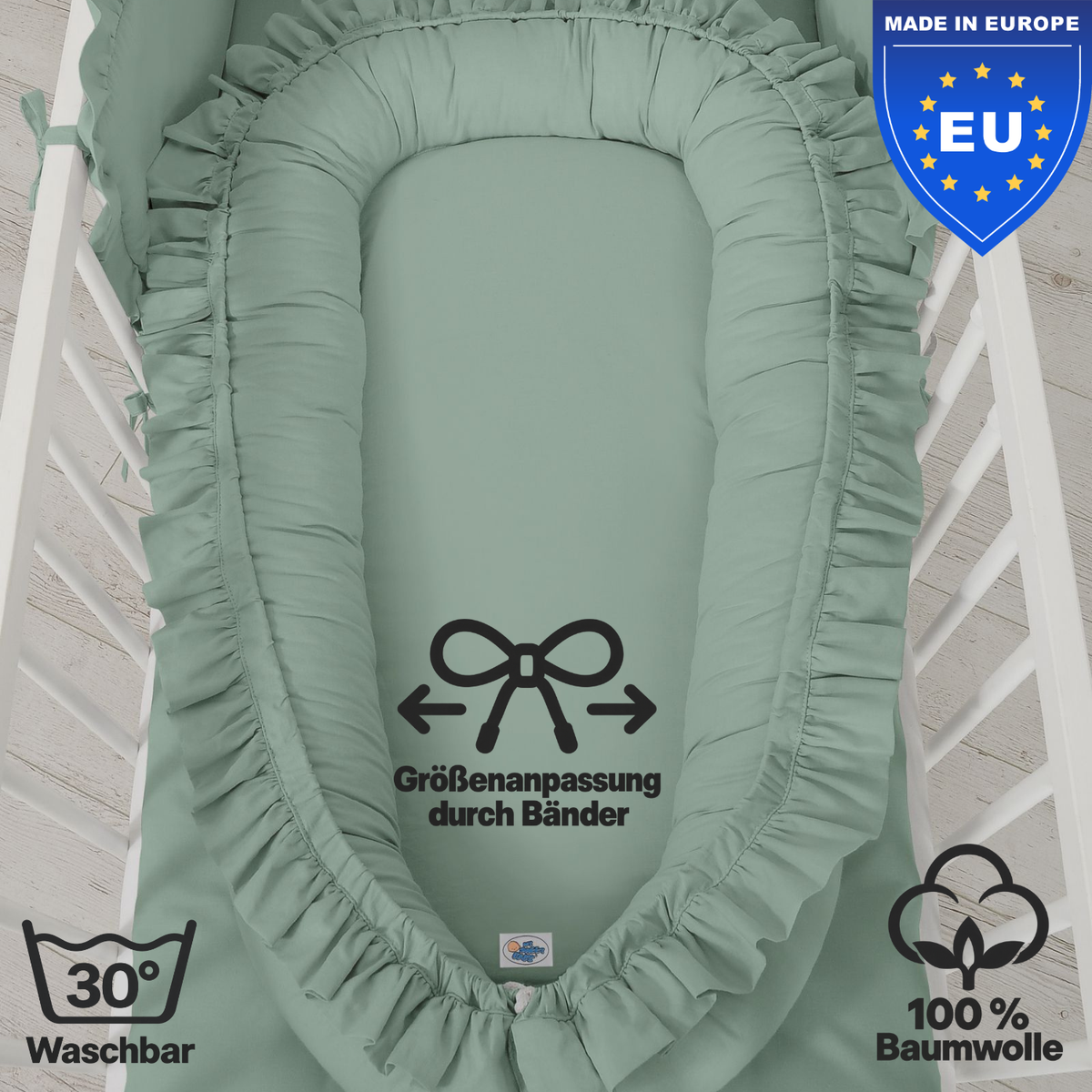 wendbares Babynest mit Rüschen - 100% Baumwolle