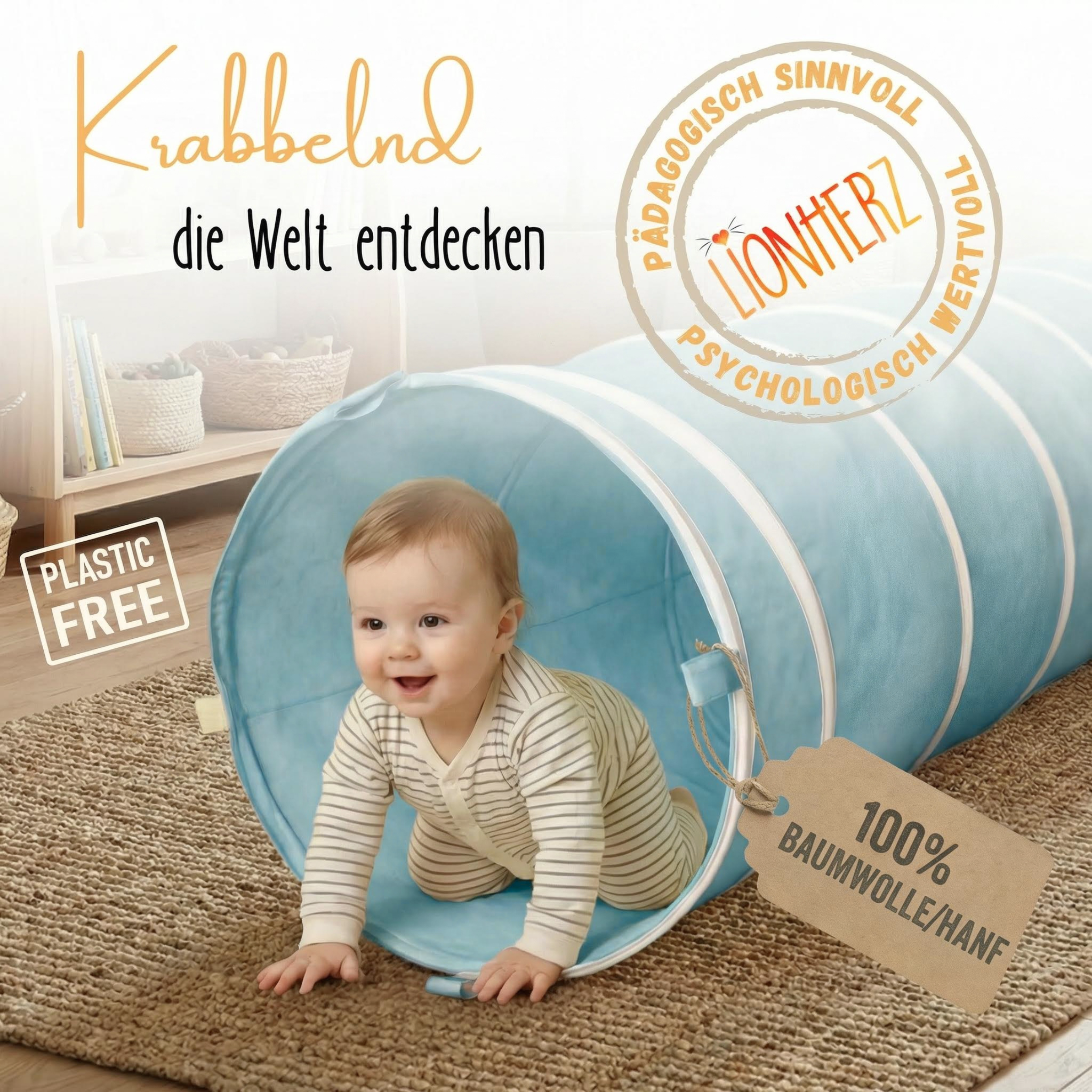 Spieltunnel aus Baumwolle/Hanf, passend zum runden Spielzelt, 180x46cm