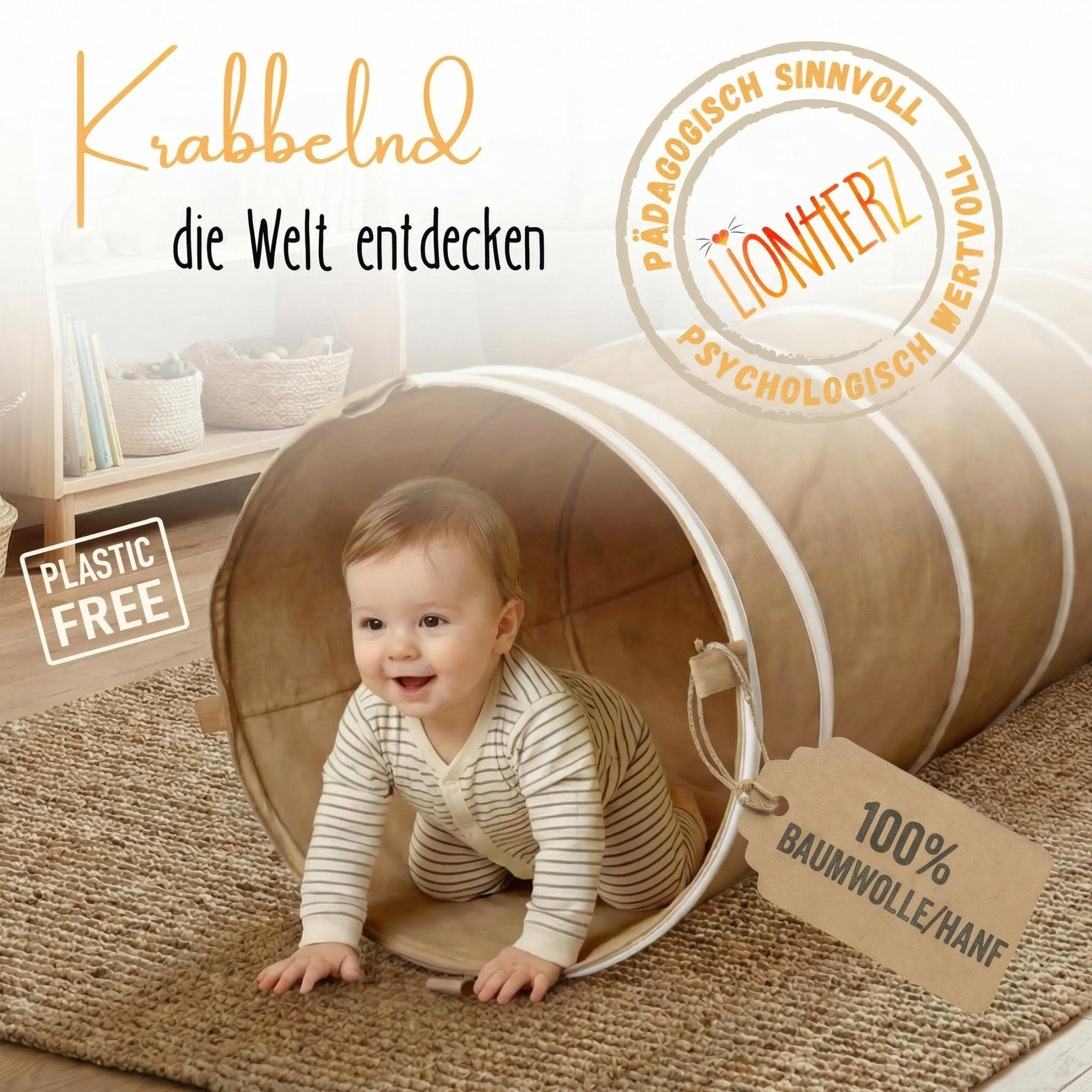 Spieltunnel aus Baumwolle/Hanf, passend zum runden Spielzelt, 180x46cm