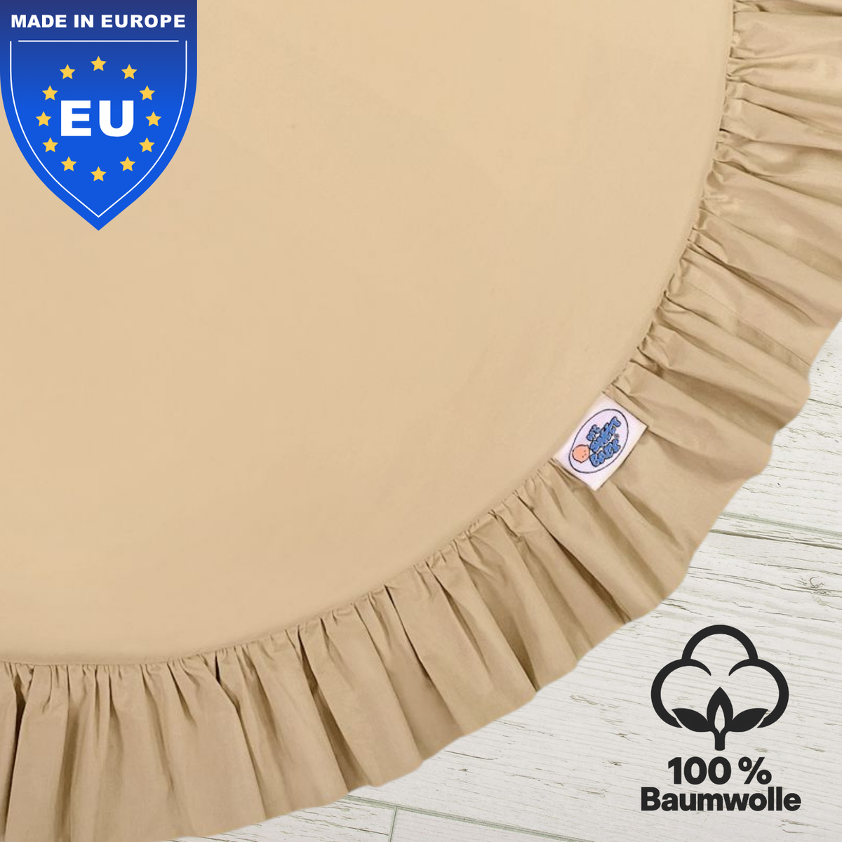 Runde Spielmatte mit Rüschen & 2 Sternenkissen – 100 % Baumwolle