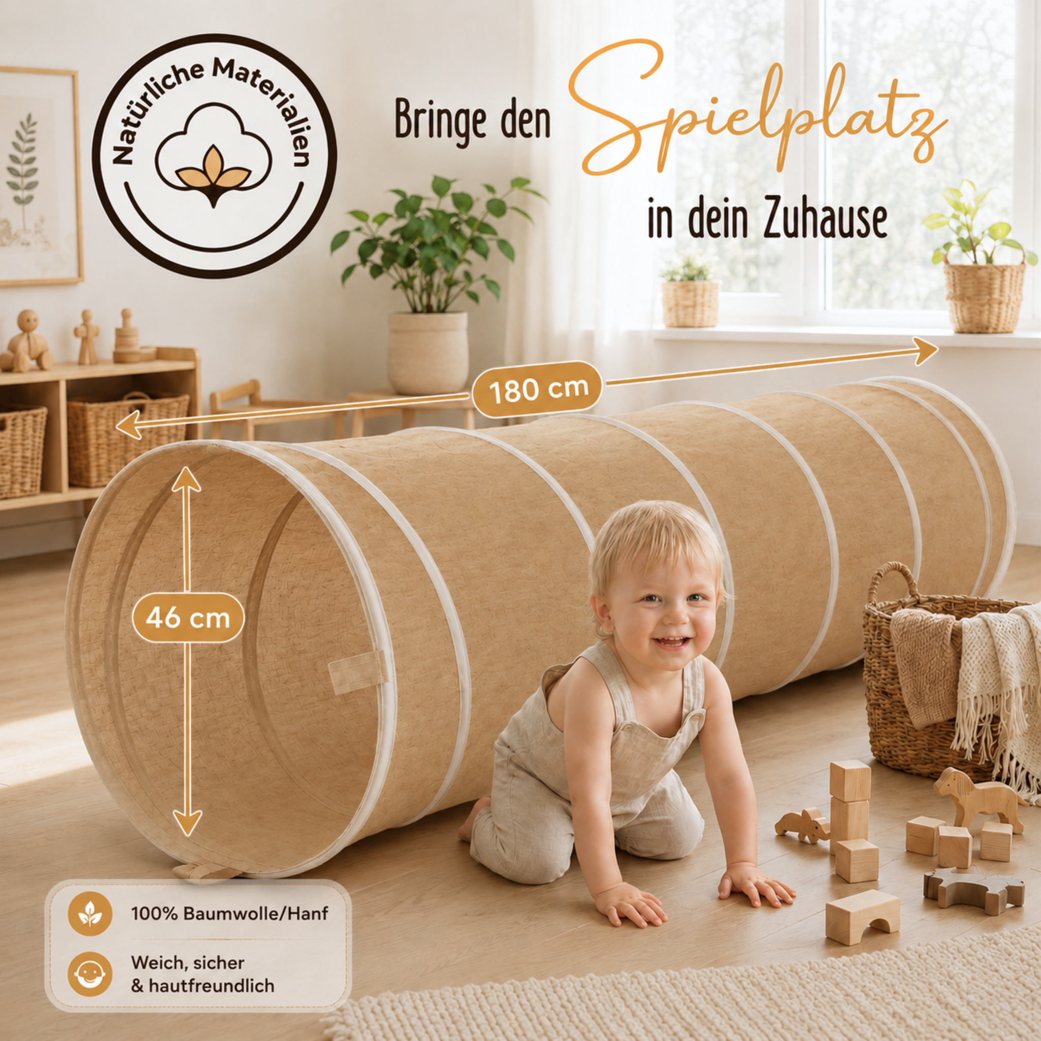 Spieltunnel aus Baumwolle/Hanf, passend zu den Spielzelten, 180x46cm