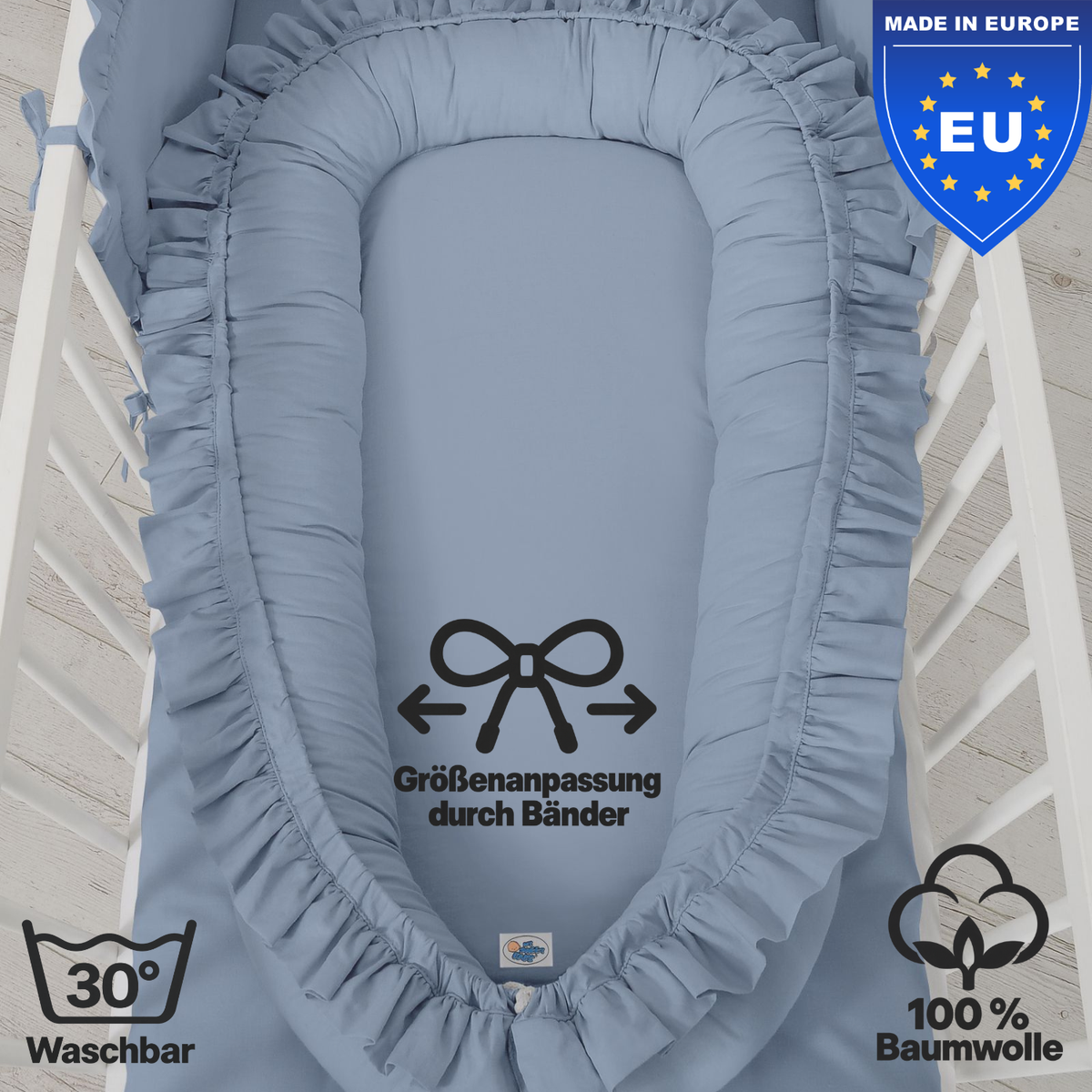 wendbares Babynest mit Rüschen - 100% Baumwolle