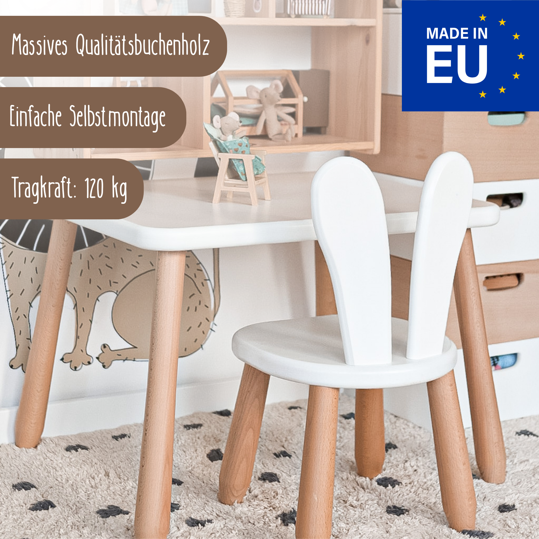 Solo Set "Bunny" – Kindertisch & Stuhl aus massivem Buchenholz