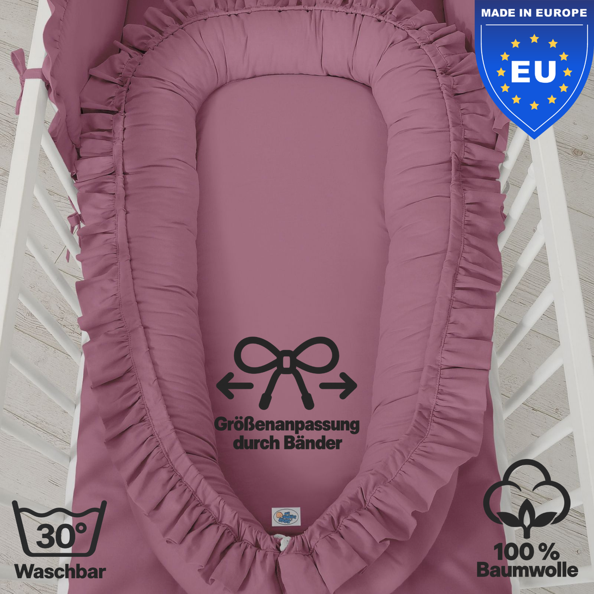 wendbares Babynest mit Rüschen - 100% Baumwolle