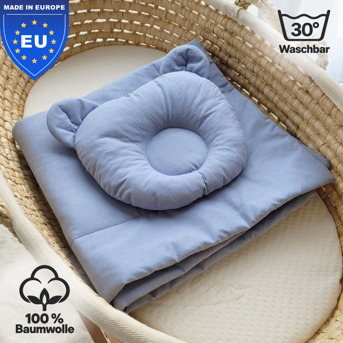 Baby Bettwäsche-Set mit Füllung – Decke & Teddy-Kissen aus 100% Baumwolle