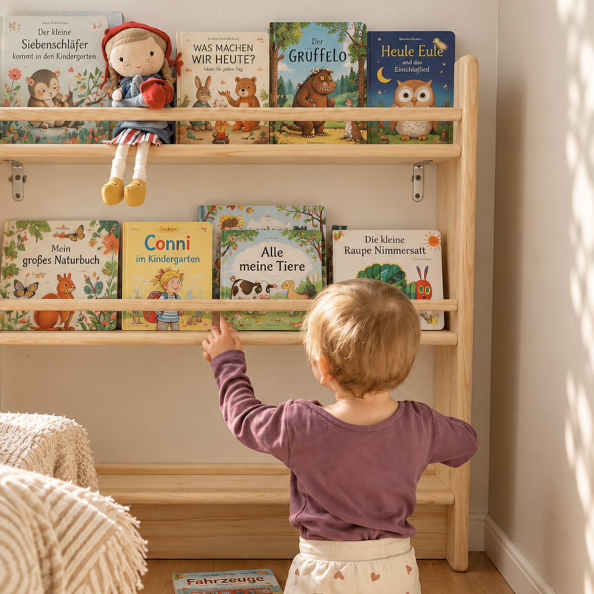 Breites Montessori Bücherregal – aus massivem Kiefernholz 120×92×12 cm