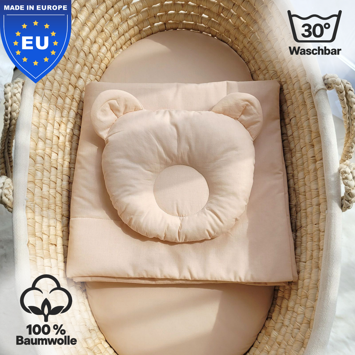 Baby Bettwäsche-Set mit Füllung – Decke & Teddy-Kissen aus 100% Baumwolle