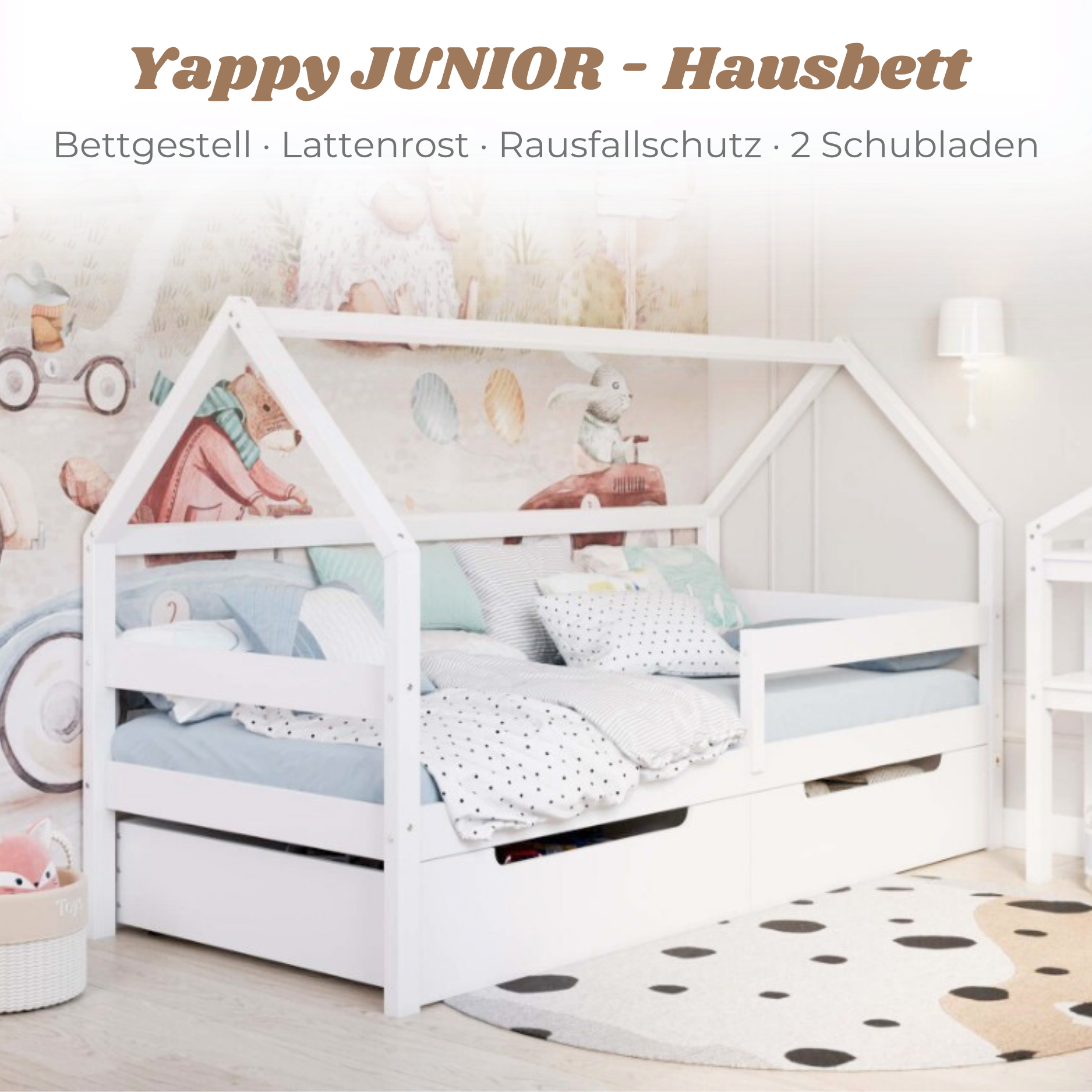Yappy MAXI – Hausbett 200x90cm mit Rausfallschutz und 2 Schubladen