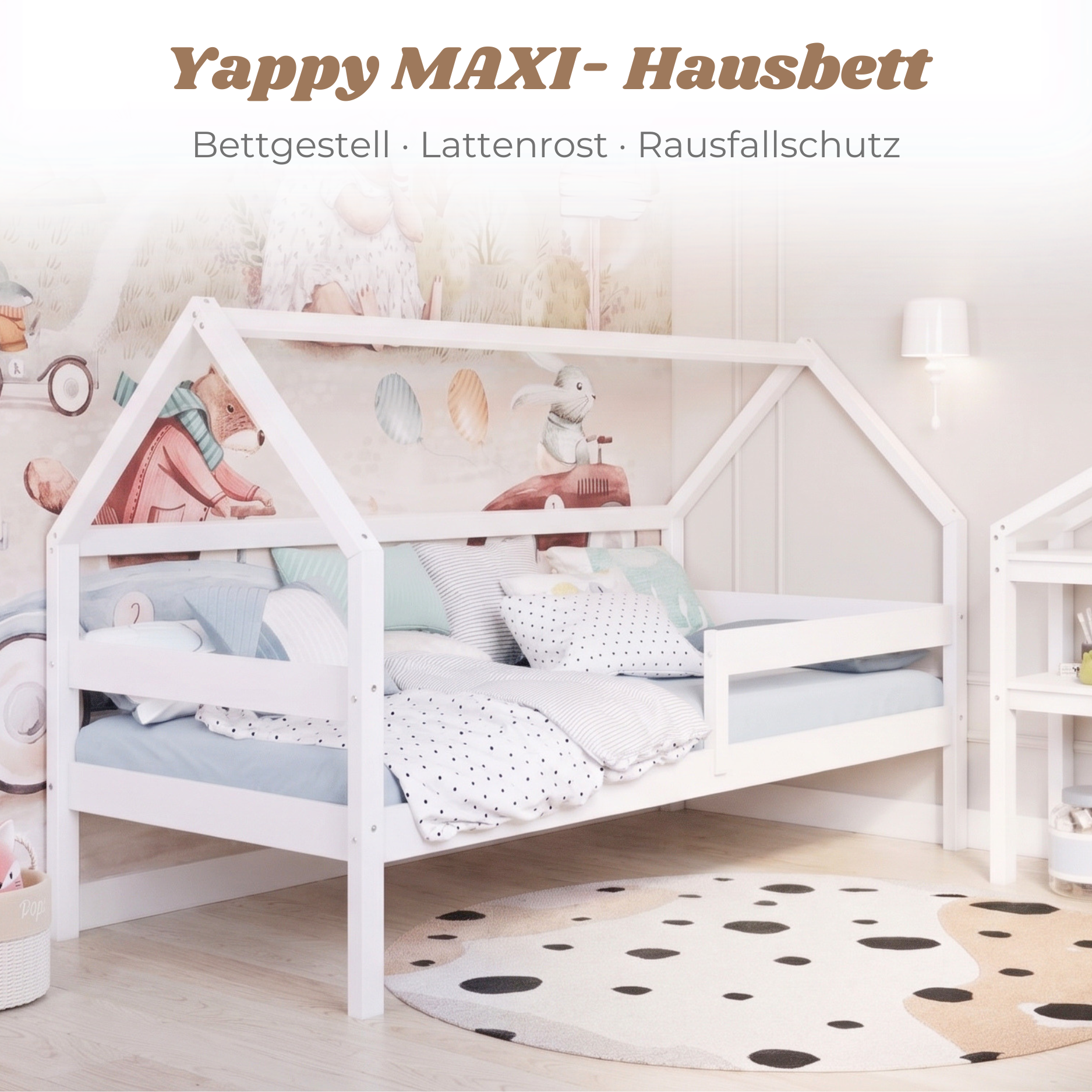 YappySole MAXI – Hausbett 200x90cm mit Rausfallschutz und 2 Schubladen