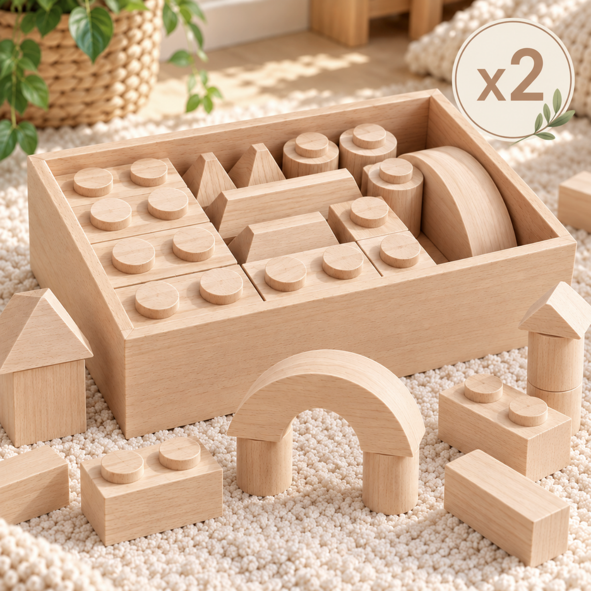 Montessori Holzbausteine aus Massivholz mit Aufbewahrungsbox